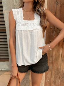 Chiquease Women's Frill Trim Square Neck Solid Color Patchwork Casual Camisole - White - View 4