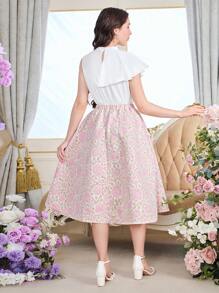 SHEIN 2 件套青少年女孩优雅小立领不对称荷叶边袖衬衫 + 3D 花卉纹理提花裙公主裙套装 - 彩色 - 查看 2