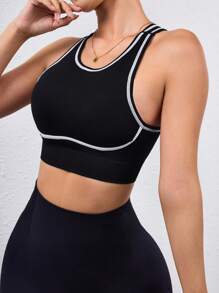 SHEIN Sports 女士时尚条纹撞色可调节运动胸罩 - 黑色 - 查看 4