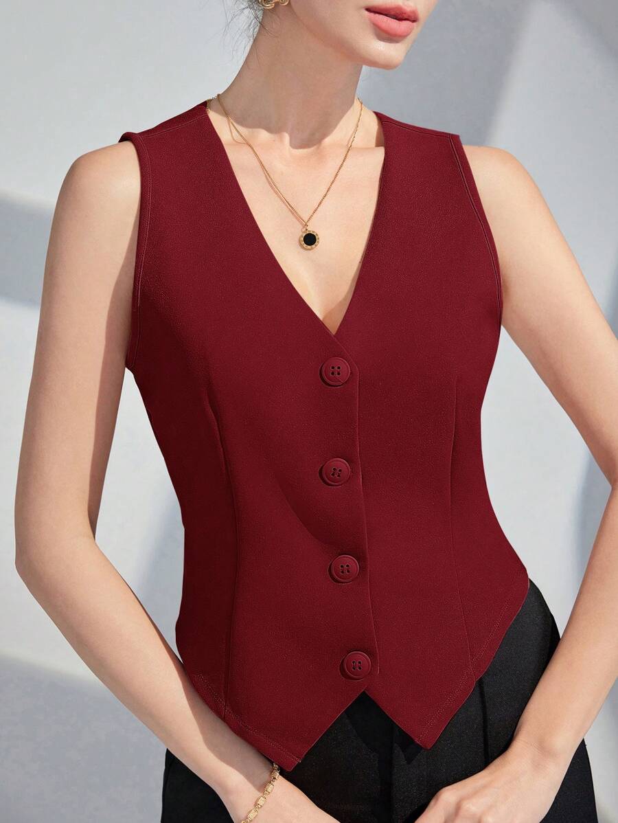 Modelyn Women's Solid Color Single-Breasted V-Neck Sleeveless Blazer In Fall/Winter - Burgundy - View 1