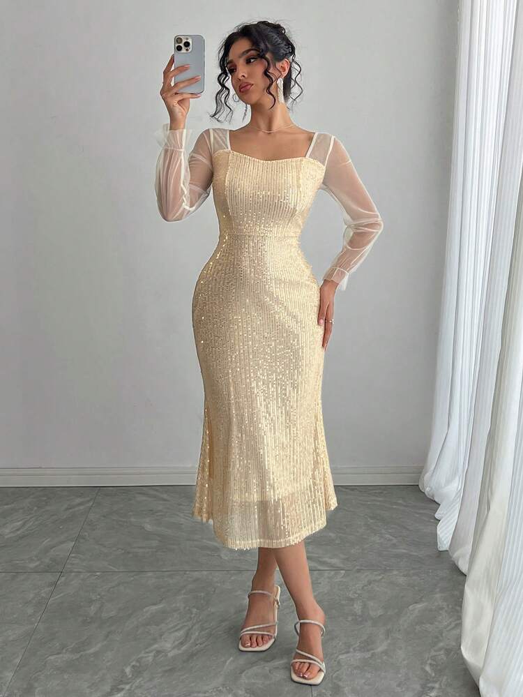 Party Sequin Splice Waist Fitted Mesh Splicing Square Neck Women Dress Prom Dress Party Women Sundress,Fall Dress Homecoming Dresses Long Sleeve Dress Carnival Sparkly Dress