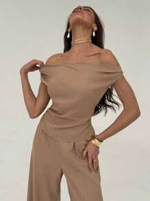 Aloruh Khaki Simple Office Lady Off Shoulder Ruched Blouse + Regular Ruched Wide-Leg Pants Set