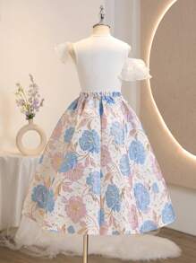 Girls Ruffle Collar Mesh Top + Jacquard Waist Skirt Set, Gorgeous Party Outfit, Elegant For Flower Girl, Bridesmaid, Wedding