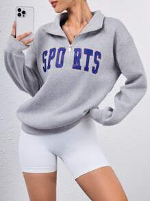 Damen Buchstaben Muster Frontzippverschluss Langarm Lässig Sweatshirt für den Sport