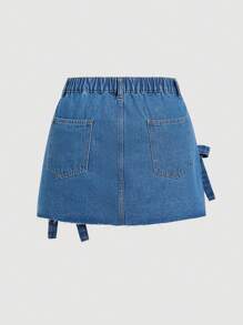 SHEIN MOD Plus Size Blue Denim Skirt Sweet Bow Skirt Elastic Waistband Spring Skirt