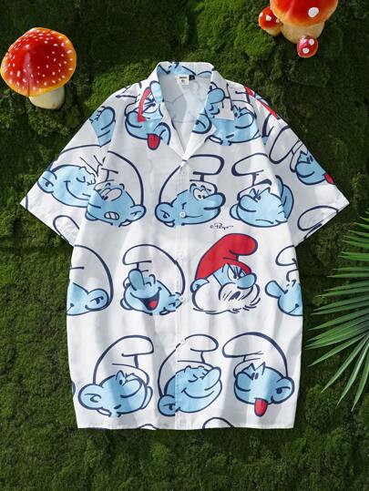 SHEIN X The Smurfs Men's Loose Woven Figure Graphic Hawaiian Short Sleeve Shirt