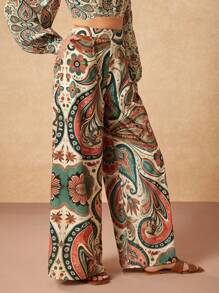 Dé Johnea Bianca Designer Boho Bohemian Retro Print High Waist Pocket Wide Leg Casual Pants For Spring Summer Vacation Beach Cruise, Festival, Ibiza Fits - Multicolor - View 5