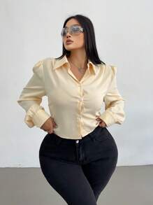 Flirla Apricot Pleated Long Sleeve Tie-Front Shirt, Minimalist Fashion Casual For Daily Wear - Apricot - View 1