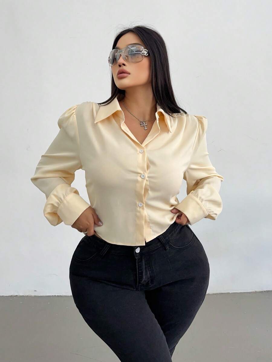 Flirla Apricot Pleated Long Sleeve Tie-Front Shirt, Minimalist Fashion Casual For Daily Wear - Apricot - View 1