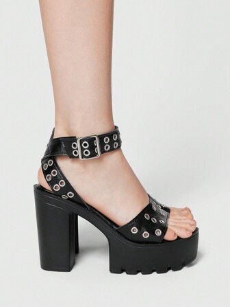 Grunge Punk Damen Gothic Sommer offene Zehe Kreuz-Riemen Rock Punk Plateausandalen mit dickem Absatz, elegante Arbeitsschuhe, Keilabsatz mit Schnalle und Nieten, Party und Abiball High Heels