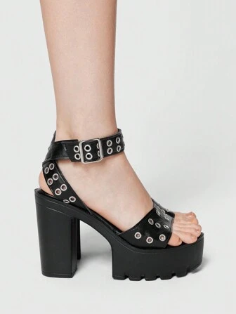 Grunge Punk Women's Gothic Summer Open Toe Criss-Cross Strap Rock Punk Thick Heel Sandals, Dressy Work Shoes, Platform Wedge Buckle Rivet Party Prom High Heels