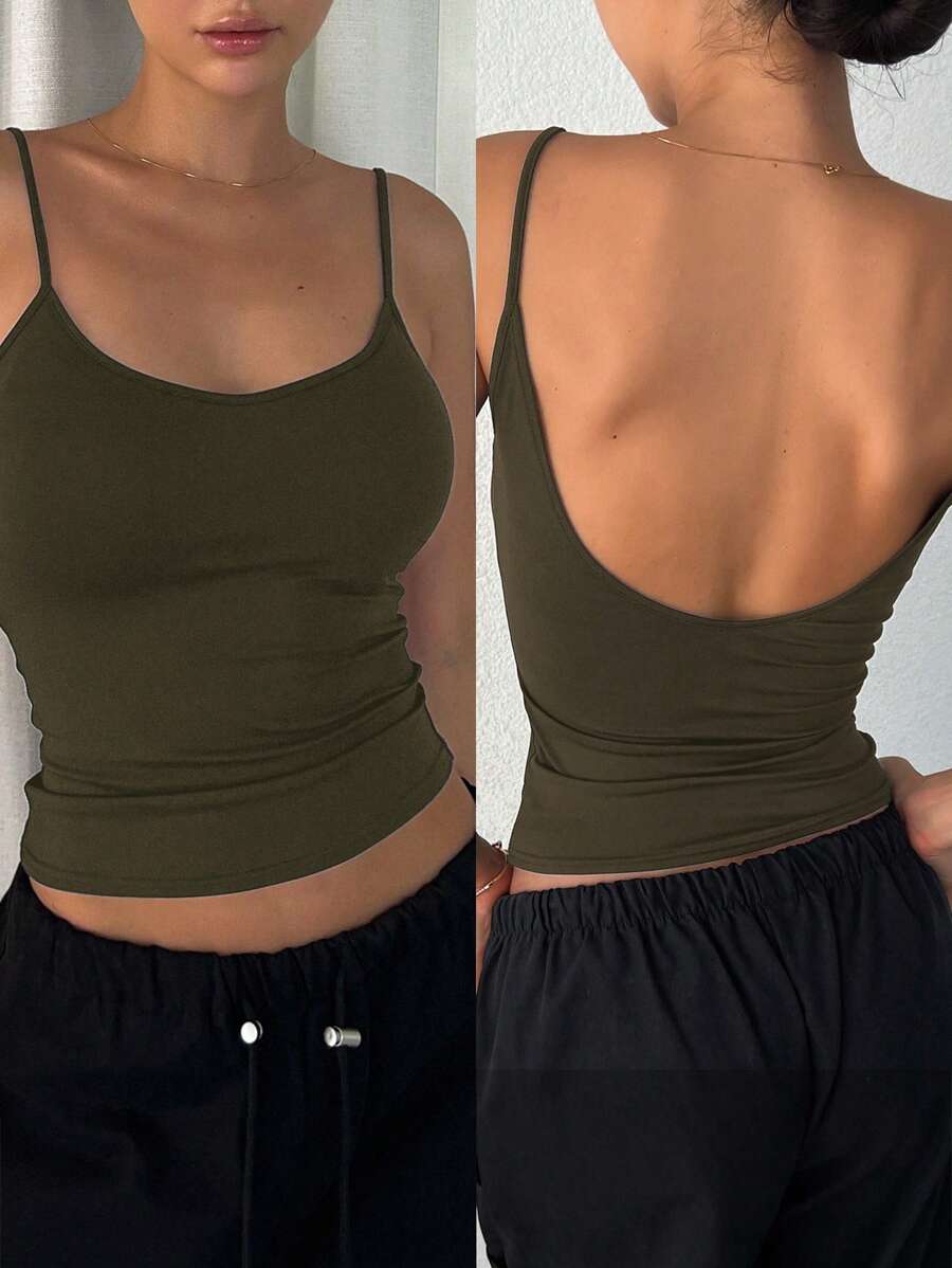 DAZY Women's Casual Solid Color Backless Camisole Tops - Army Green - View 1