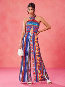 JIAN LASALA Combinaisons multicolores pour femmes, style bohème, avec dos nu, nouée, colorées, imprimés géométriques. Tenues d'été pour femmes, combinaisons d'été, tenues de vacances, sorties, tenues de plage pour femmes