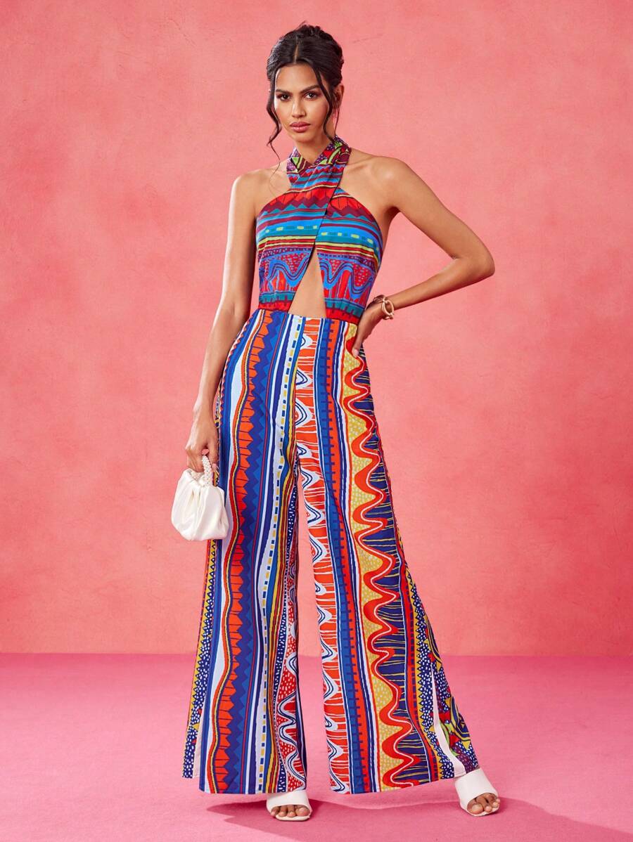 JIAN LASALA Combinaisons multicolores pour femmes, style bohème, avec dos nu, nouée, colorées, imprimés géométriques. Tenues d'été pour femmes, combinaisons d'été, tenues de vacances, sorties, tenues de plage pour femmes