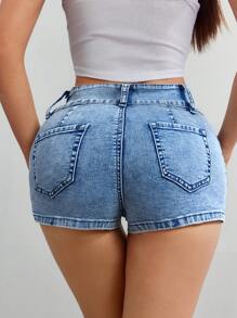 SHEIN EZwear Quần Jeans Denim Ôm Dáng Đơn Giản Có Túi Cài Nút Phía Trước Cho Nữ - Rửa trung bình - Xem 3