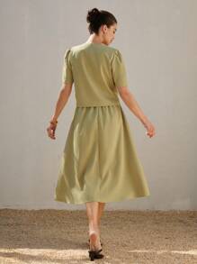 Aveloria EMERY ROSE Women 2 Pieces Set - Loose Fit Round Neck Puff Sleeve Top + High-Waist A-Line Midi Skirt, Commuting Chic Style Old Money Style For Summer - Green - View 2