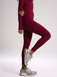 Musera Sport Ribbed High Waist Animal Print Seamless Leggings, Padel, Tennis, Pickleball Gym Fitness - Burgundy - View 3