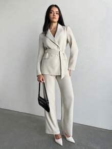 Aloruh Women's Elegant Business Commuting Suit Spring Suit Simple Formal Occasion Basic Two-Piece Suit Solid Color Long-Sleeved Suit Khaki 2pcs Light Apricot Suit Jacket + Pants Workwear Set,Suitable For Spring And Summer