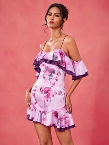 By Lucila Fernandez 设计师波西米亚风紫色花卉印花露肩荷叶边连体衣，适合女性节日、热带、夏季、海滩、音乐会、优雅、度假 - 紫色 - 查看 6