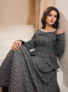 Modelyn 女式简约休闲超长优雅针织纹理连衣裙 - 黑色 - 查看 5