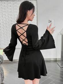 Modelyn Women's Solid Color Back Tie Hollow Out Casual Mini Dress, Simple Design - Black - View 7