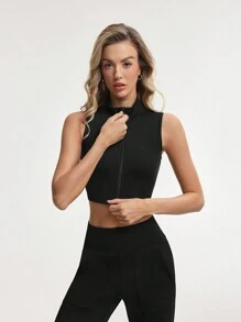 Gameset SHEIN Sport Chaqueta casual de verano sin mangas con cremallera de unicolor para mujer - Negro - Ver 6