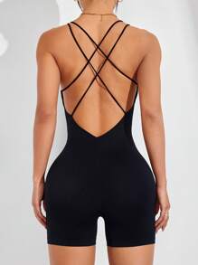 SHEIN Sports Bộ đồ liền thân thể thao chéo hở lưng màu trơn dành cho nữ để tập thể dục hàng ngày - màu đen - Xem 4