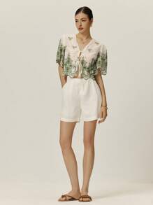 Poéselle Áo croptop mùa hè màu trắng tay bèo thêu họa tiết, kiểu buộc dây, áo kiểu mùa hè cho nữ, buộc dây phía trước, áo kiểu buộc dây, áo tay ngắn, áo kiểu mùa hè dễ thương. - màu xanh lá - Xem 5