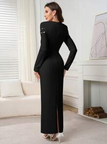 Modelyn Women's Swan Neck Rhinestone Decor Long Sleeve Maxi Elegant Dress Long Evening Dresses