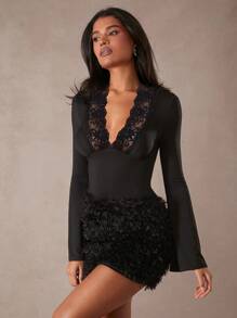 Hauture 纯色蕾丝拼接深 V 领性感长袖 T 恤 - 黑色 - 查看 6