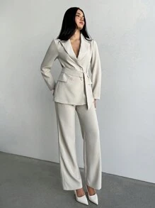 Aloruh Women's Elegant Business Commuting Suit Spring Suit Simple Formal Occasion Basic Two-Piece Suit Solid Color Long-Sleeved Suit Khaki 2pcs Light Apricot Suit Jacket + Pants Workwear Set,Suitable For Spring And Summer