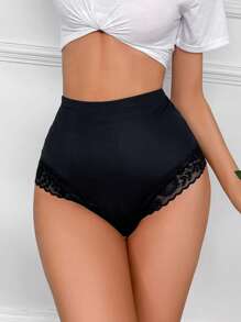 1pc Ladies Seamless Shapewear Panties With Elegant Lace Patchwork Design - Black - View 4