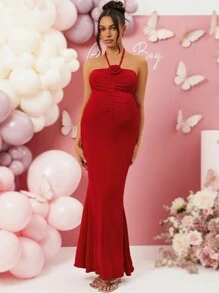 Loomaby Pregnant Women 3D Flower Red Maternity Dress, For Baby Shower Party, Valentine's Day