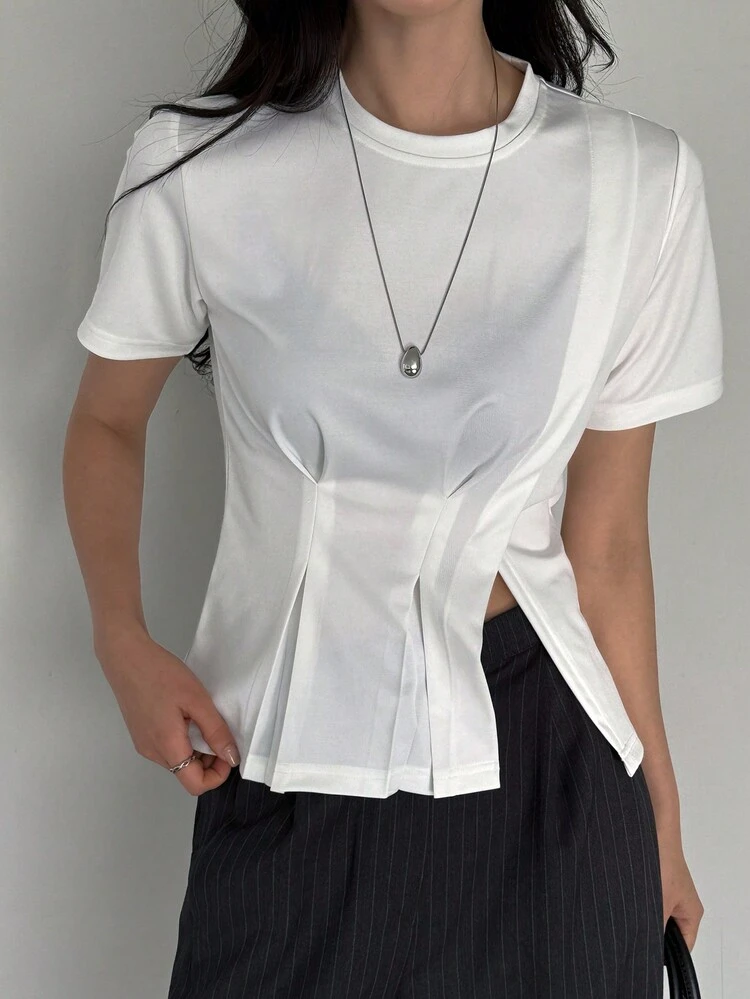 Women's Round Neck Pleated Waist Short Sleeve T-Shirt, Minimalist Fashion Casual Everyday Wear