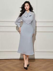 DAZY 女士中长连衣裙，带荷叶边领、泡泡袖和褶饰细节，优雅秋季长袖连衣裙