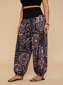 Travachic Plus Size Women Boho Floral Print High Waist Wide Leg Casual Loose Palazzo Pants For Spring/Summer