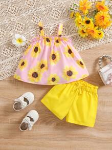 SHEIN 2 件装女婴时尚活泼向日葵印花粉色吊带背心搭配黄色短裤套装，适合夏季日常穿着 - 黃色 - 查看 1