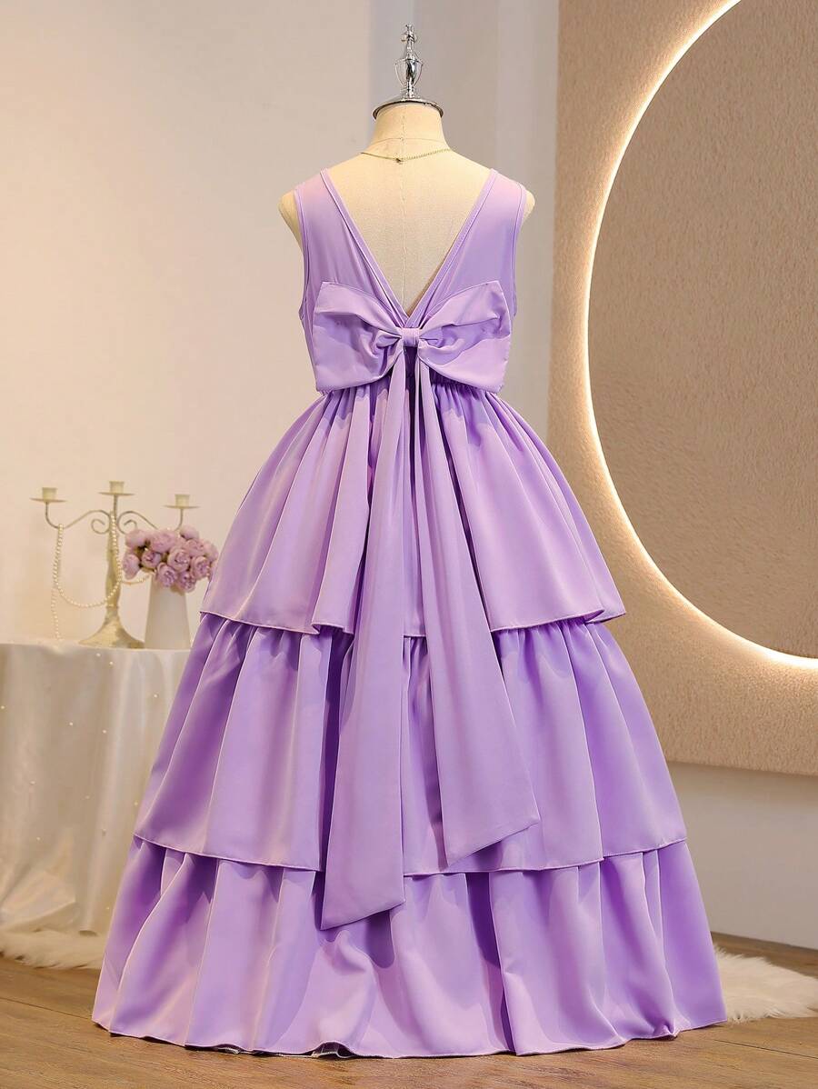 SHEIN Tween Girl Elegant Solid Color Backless Bow Decor Dress Casual Style