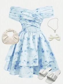 SHEIN Girlism 少女蓝色露肩褶皱腰 A 字形分层碎花网眼连衣裙，干净的风格，可爱，度假装，优雅，春夏 - 淺藍色 - 查看 1