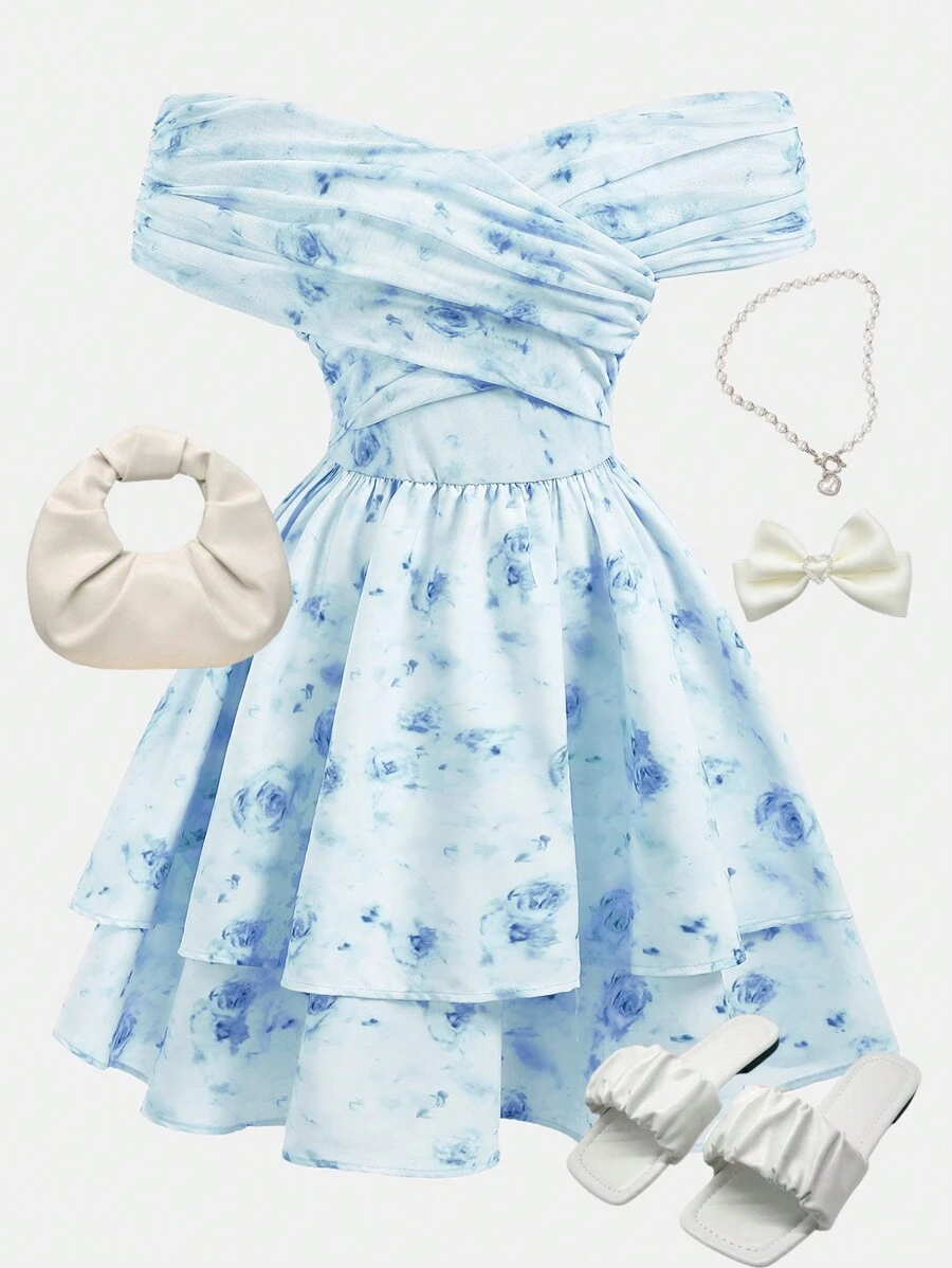 SHEIN Girlism 少女蓝色露肩褶皱腰 A 字形分层碎花网眼连衣裙，干净的风格，可爱，度假装，优雅，春夏 - 淺藍色 - 查看 1