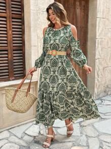 Flirla Plus Size Boho Ruffle Cutout Ruffle Hem Loose Long Dress, For Summer - Green - View 4