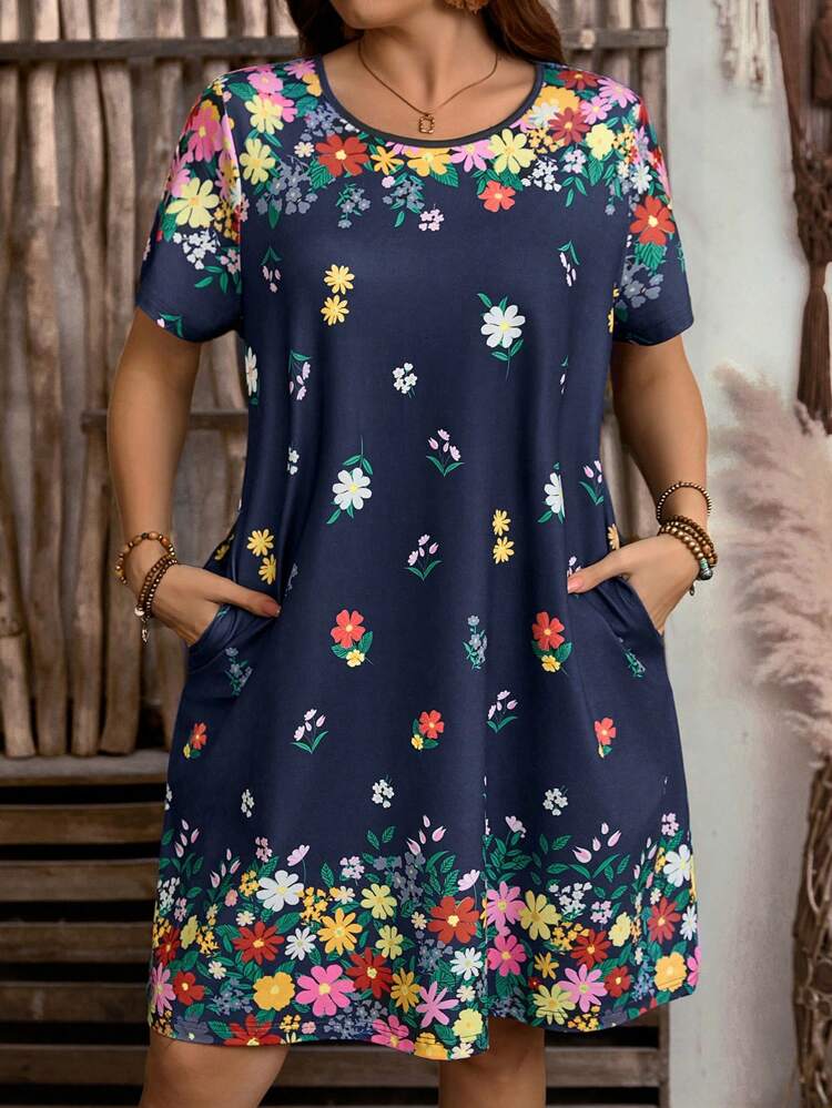 Plus Size Round Neck Short Sleeve Pocket Floral Print Casual Mini Dress Summer Outfits  Spring Outfits For Women  Vacation Outfits Woman  Beach Outfits For Woman Wedding Guest Dress Women