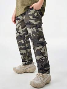 SHEIN Pantalon cargo droit décontracté à lacets devant et multi-poches pour adolescents au printemps/été - Militaire verte - Voir 1