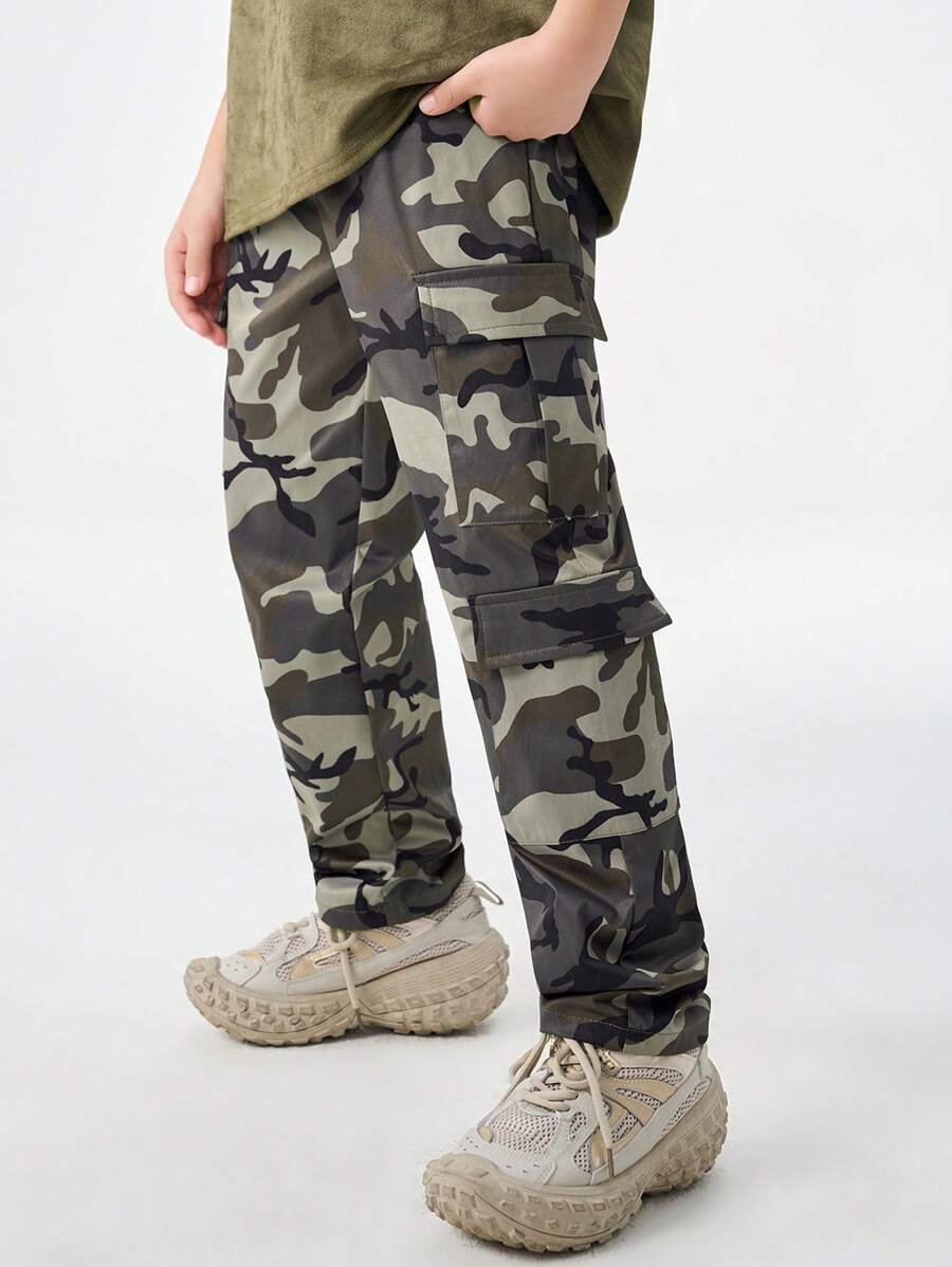 SHEIN Pantalon cargo droit décontracté à lacets devant et multi-poches pour adolescents au printemps/été - Militaire verte - Voir 1