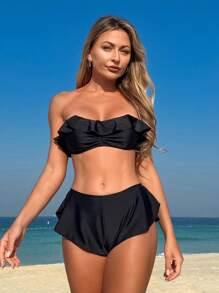SHEIN Swim Quần short đi biển dễ thương viền bèo nhún màu trơn Springbreak dành cho nữ vào mùa hè - màu đen - Xem 3