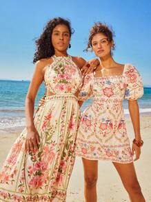 Travachic Woven Printed Spaghetti Strap Women Mini Dress,Cream Summer Boho Flowy Holiday Vacation Holiday,Spring Beach Outfits,Concert Rave Tropical Western - Blue and White - View 2