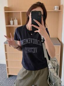 DAZY Women's Short Sleeve Letter Print Fitted Cropped T-Shirt - Navy Blue - View 3