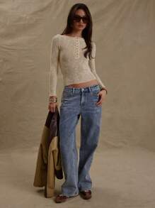 MUSERA Textured Knit Button Down Fitted Long Sleeve Top Spring Cute Casual Spring Y2K 90's Casual Cute Butter Yellow Butter Wouldn't Melt Chic - Yellow - View 4