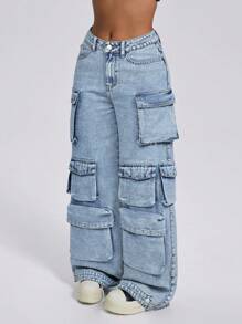 SHEIN ICON Jeans holgados de pierna ancha de mezclilla con bolsillos múltiples para mujer, de estilo minimalista para uso diario, con talle bajo y pierna recta estilo grunge