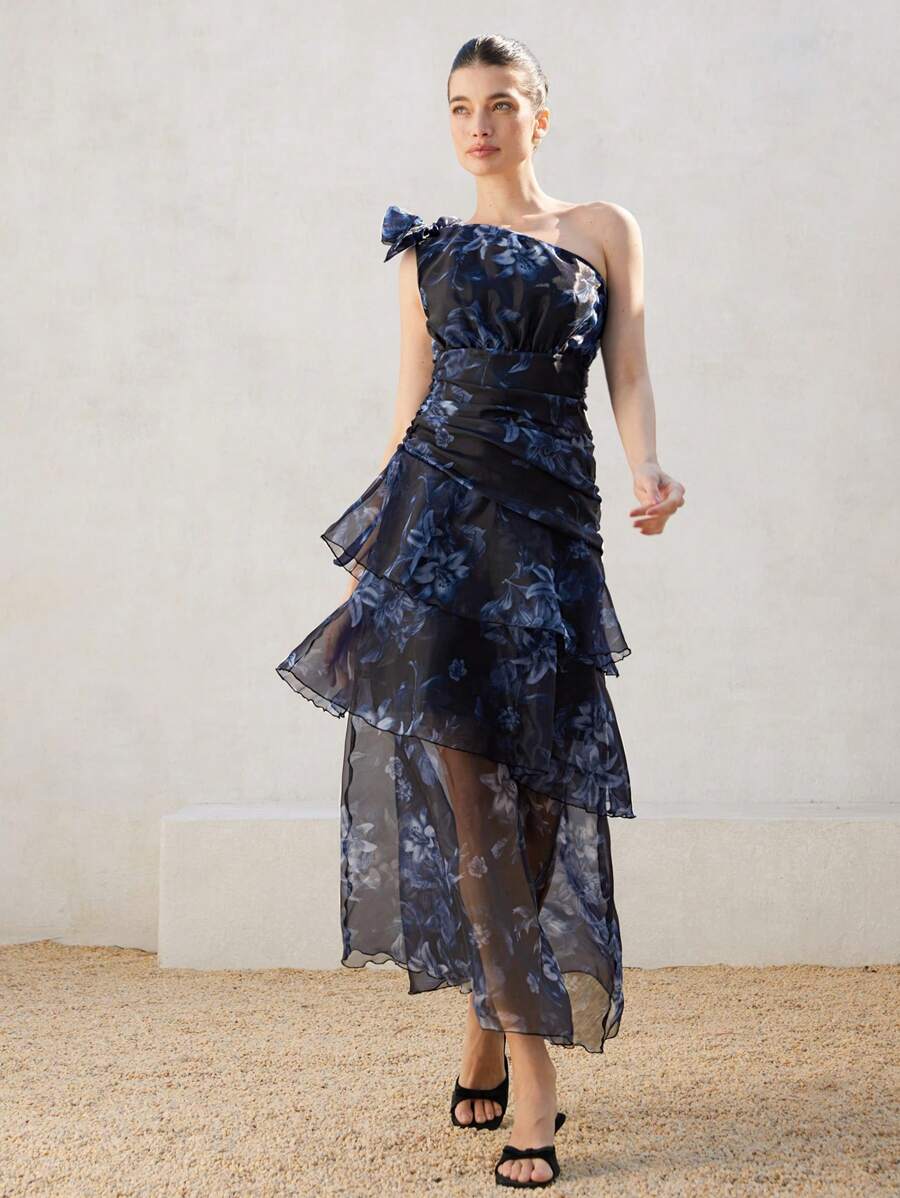 Femmeiva Elegant French Black Floral Chiffon Dress For Summer Wedding, Asymmetrical Layered Cinched Waist One Shoulder High-End Sophisticated Style - Multicolor - View 1
